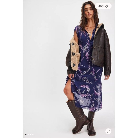 NWT Free People Cannaday Maxi Dress Womens M Navy Combo Boho Semi Sheer Floral - Picture 1 of 11
